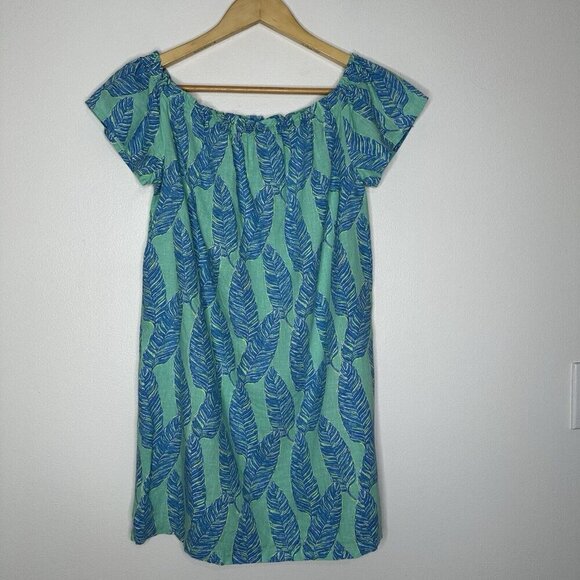 Vineyard Vines Off the Shoulder Dress Size XS Linen Blend Blue Green Palm Print - Picture 1 of 9